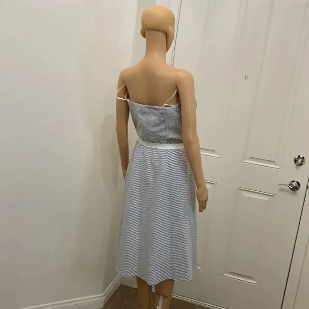 Ann Taylor Loft Size 12 Strapless Gray White Striped Belted Zip Woman’s Dress